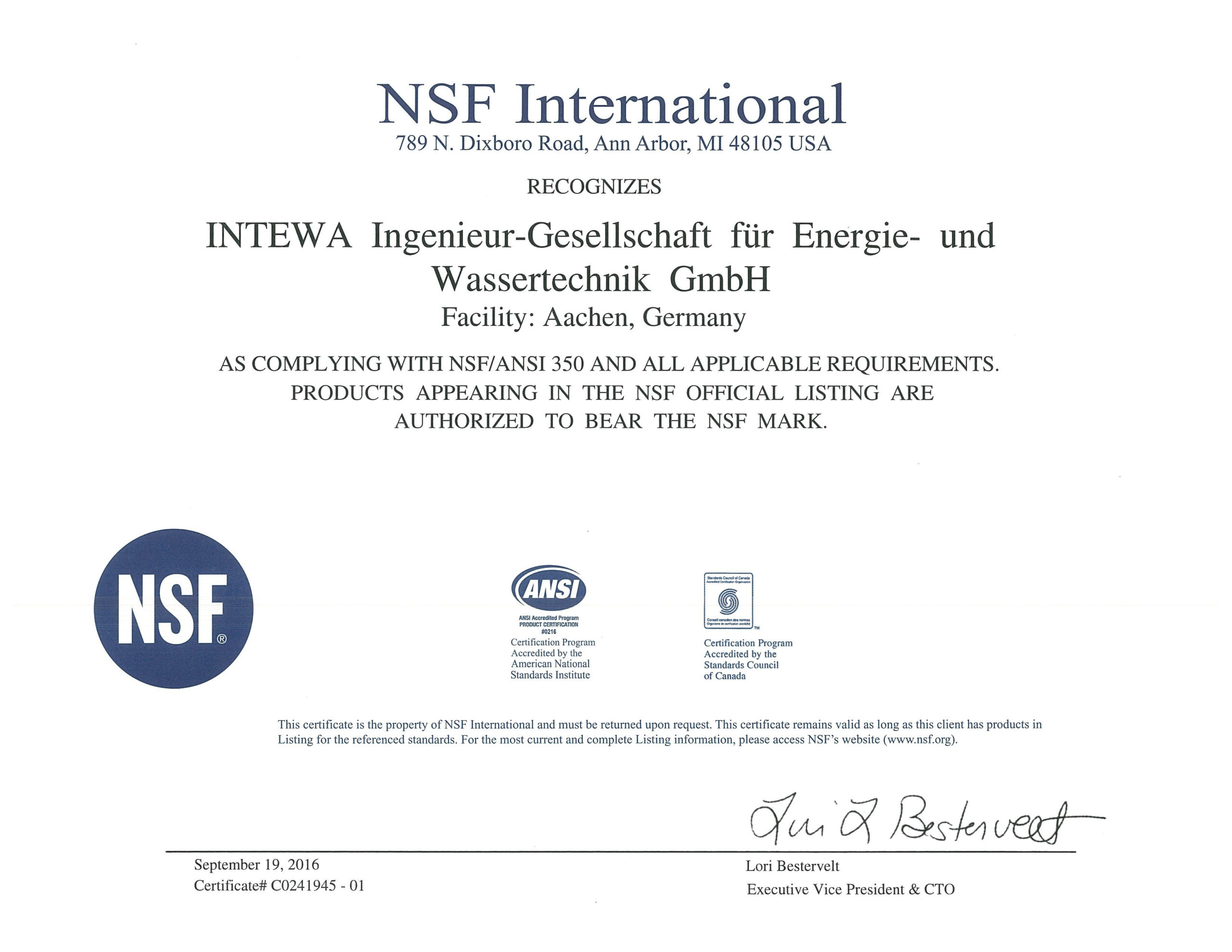 AQUALOOP NSF 350 Certificate and Data Summary Ecovie_Page_1